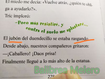 jubón
El jubón del duendecillo se estaba rasgando.

1. m. Vestidura que cubría desde los hombros hasta la cintura, ceñida y ajustada al cuerpo.

Rasgar; 2. tr. Producir una incisión en algo con un instrumento u objeto cortante.
Keywords: ropa;camita;medieval